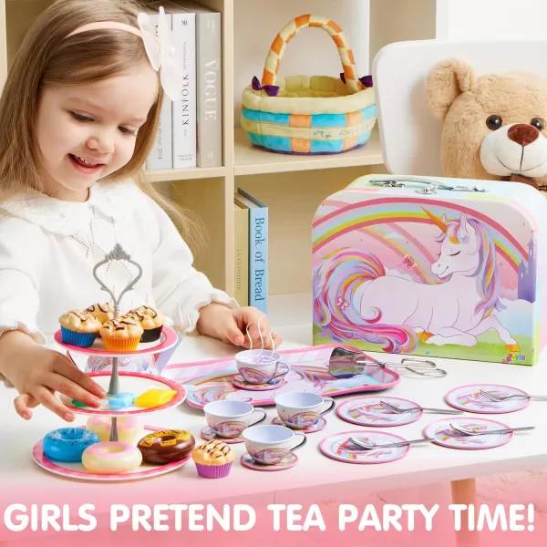 JOYIN 35Pcs Unicorn Tea Party Set for Little Girls Pretend Tin Teapot Set Princess Tea Time Play Kitchen Toy with Dessert Doughnut Carrying Case for Birthday Easter Gifts Kids Toddlers Age 3 4 5 6Unicorn Tin Teapot Set