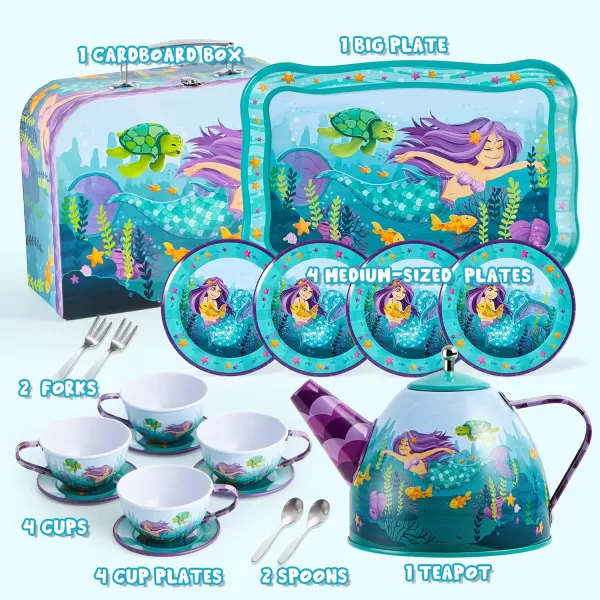 JOYIN 35Pcs Unicorn Tea Party Set for Little Girls Pretend Tin Teapot Set Princess Tea Time Play Kitchen Toy with Dessert Doughnut Carrying Case for Birthday Easter Gifts Kids Toddlers Age 3 4 5 6Mermaid Tin Teapot Set