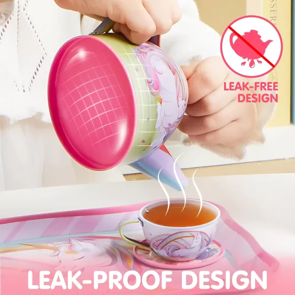 JOYIN 35Pcs Unicorn Tea Party Set for Little Girls Pretend Tin Teapot Set Princess Tea Time Play Kitchen Toy with Dessert Doughnut Carrying Case for Birthday Easter Gifts Kids Toddlers Age 3 4 5 6Unicorn Tin Teapot Set