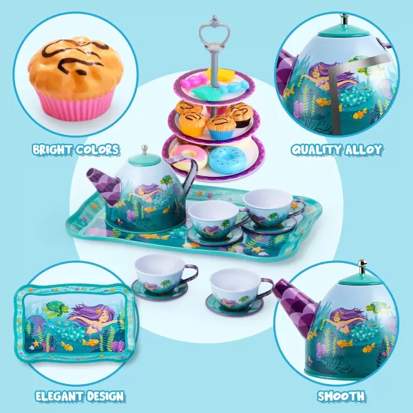 JOYIN 35Pcs Unicorn Tea Party Set for Little Girls Pretend Tin Teapot Set Princess Tea Time Play Kitchen Toy with Dessert Doughnut Carrying Case for Birthday Easter Gifts Kids Toddlers Age 3 4 5 6Mermaid Tin Teapot Set