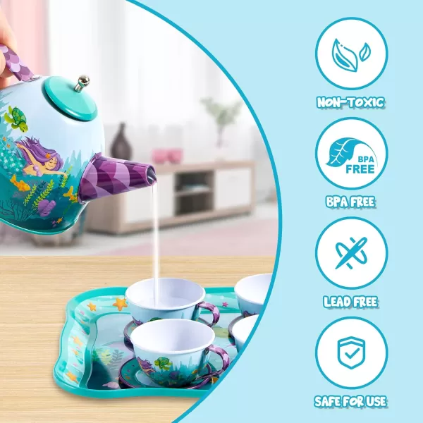 JOYIN 35Pcs Unicorn Tea Party Set for Little Girls Pretend Tin Teapot Set Princess Tea Time Play Kitchen Toy with Dessert Doughnut Carrying Case for Birthday Easter Gifts Kids Toddlers Age 3 4 5 6Mermaid Tin Teapot Set