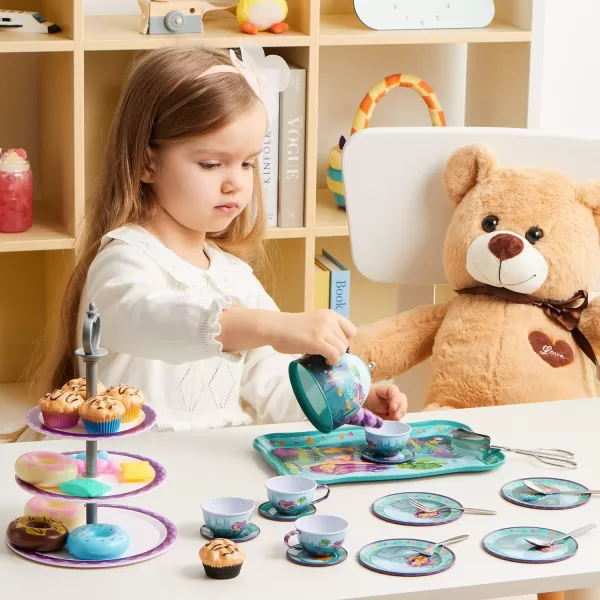 JOYIN 35Pcs Unicorn Tea Party Set for Little Girls Pretend Tin Teapot Set Princess Tea Time Play Kitchen Toy with Dessert Doughnut Carrying Case for Birthday Easter Gifts Kids Toddlers Age 3 4 5 6Mermaid Tin Teapot Set