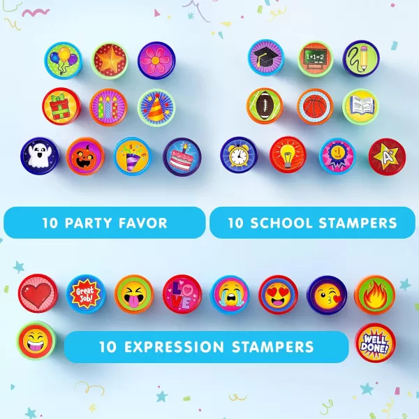 JOYIN 50 Pcs Assorted Stamps for Kids  SelfInk Stamps with 50 Designs for Birthday Party Favor Carnival Prizes School Stampers Goodie Bag Halloween Christmas Zoo Holiday StampersAssorted