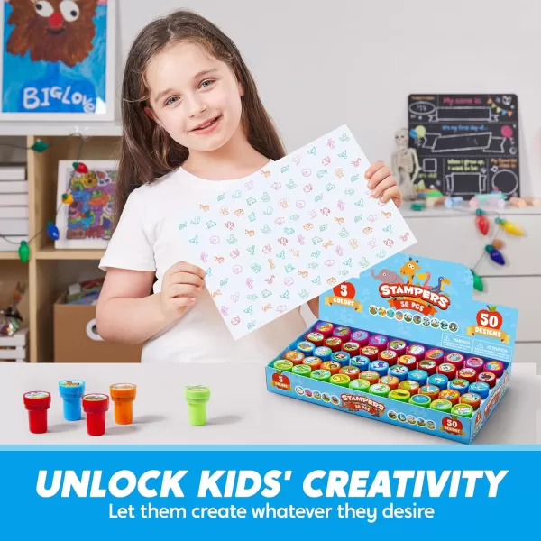 JOYIN 50 Pcs Assorted Stamps for Kids  SelfInk Stamps with 50 Designs for Birthday Party Favor Carnival Prizes School Stampers Goodie Bag Halloween Christmas Zoo Holiday StampersAnimal