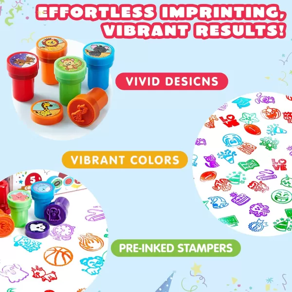 JOYIN 50 Pcs Assorted Stamps for Kids  SelfInk Stamps with 50 Designs for Birthday Party Favor Carnival Prizes School Stampers Goodie Bag Halloween Christmas Zoo Holiday StampersAssorted