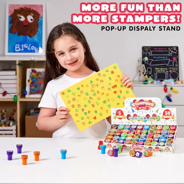 JOYIN 50 Pcs Assorted Stamps for Kids  SelfInk Stamps with 50 Designs for Birthday Party Favor Carnival Prizes School Stampers Goodie Bag Halloween Christmas Zoo Holiday StampersAssorted