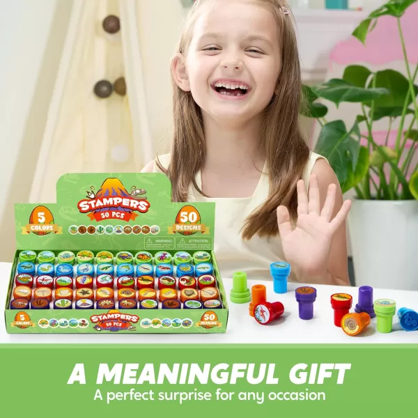 JOYIN 50 Pcs Assorted Stamps for Kids  SelfInk Stamps with 50 Designs for Birthday Party Favor Carnival Prizes School Stampers Goodie Bag Halloween Christmas Zoo Holiday StampersDinosaur