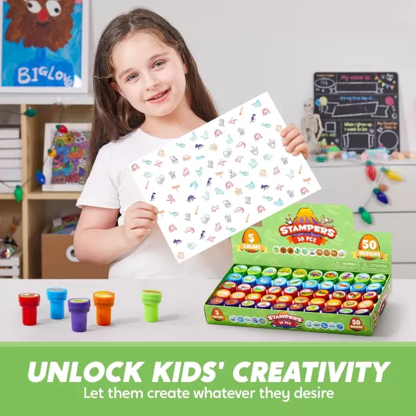 JOYIN 50 Pcs Assorted Stamps for Kids  SelfInk Stamps with 50 Designs for Birthday Party Favor Carnival Prizes School Stampers Goodie Bag Halloween Christmas Zoo Holiday StampersDinosaur