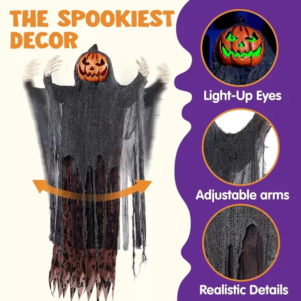 JOYIN 67quot Halloween Decorations Outdoor Life Size Animatronics Grim Reaper with Chain SoundActived Halloween Party Decoration with Creepy Sound Scary Haunted House Props for Garden Yard LawnPumpkin Scarecrow