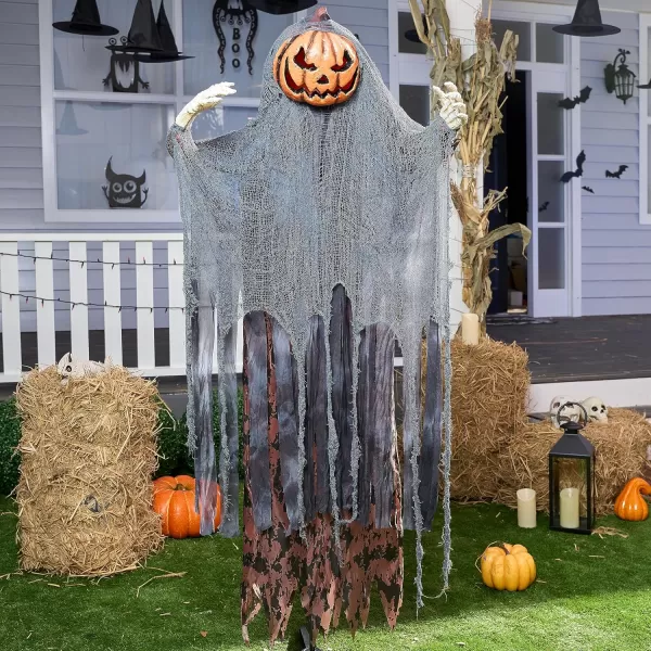 JOYIN 67quot Halloween Decorations Outdoor Life Size Animatronics Grim Reaper with Chain SoundActived Halloween Party Decoration with Creepy Sound Scary Haunted House Props for Garden Yard LawnPumpkin Scarecrow