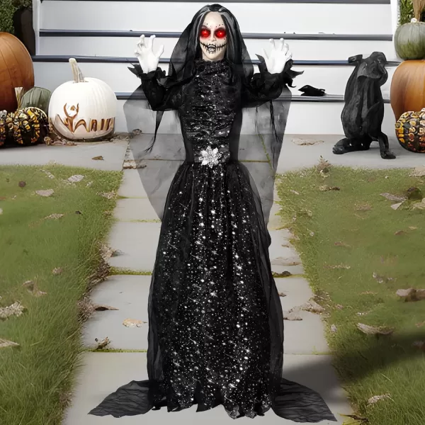 JOYIN 67quot Halloween Decorations Outdoor Life Size Animatronics Grim Reaper with Chain SoundActived Halloween Party Decoration with Creepy Sound Scary Haunted House Props for Garden Yard LawnBlack Bride