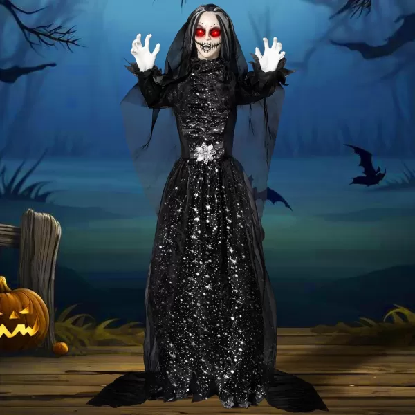 JOYIN 67quot Halloween Decorations Outdoor Life Size Animatronics Grim Reaper with Chain SoundActived Halloween Party Decoration with Creepy Sound Scary Haunted House Props for Garden Yard LawnBlack Bride
