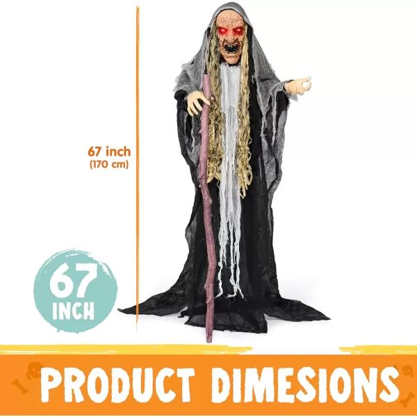 JOYIN 67quot Halloween Decorations Outdoor Life Size Animatronics Grim Reaper with Chain SoundActived Halloween Party Decoration with Creepy Sound Scary Haunted House Props for Garden Yard LawnWitch