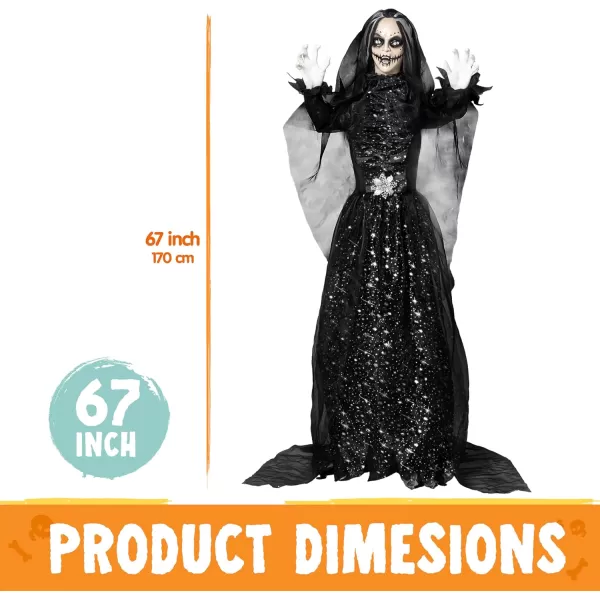 JOYIN 67quot Halloween Decorations Outdoor Life Size Animatronics Grim Reaper with Chain SoundActived Halloween Party Decoration with Creepy Sound Scary Haunted House Props for Garden Yard LawnBlack Bride