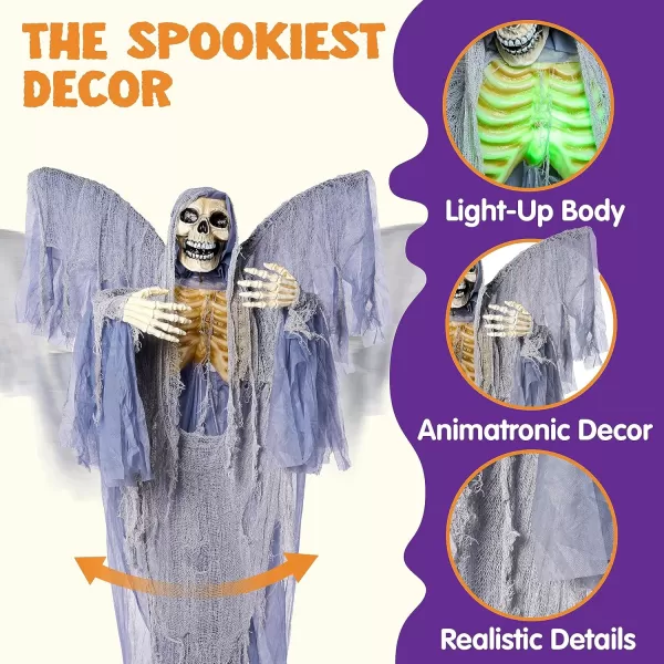 JOYIN 67quot Halloween Decorations Outdoor Life Size Animatronics Grim Reaper with Chain SoundActived Halloween Party Decoration with Creepy Sound Scary Haunted House Props for Garden Yard LawnReaper with Wings