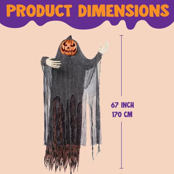 JOYIN 67quot Halloween Decorations Outdoor Life Size Animatronics Grim Reaper with Chain SoundActived Halloween Party Decoration with Creepy Sound Scary Haunted House Props for Garden Yard LawnPumpkin Scarecrow