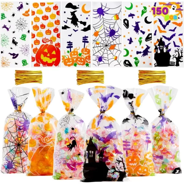 JOYIN 150 PCS Halloween Cellophane Candy Bags Clear Treat Bags with Twist Ties Trick or Treating Bags Halloween Goodie Bags Non Candy Cookie Bags for Kids Halloween Party Favors Supplies