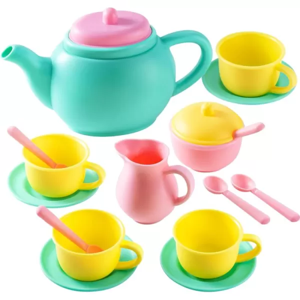 JOYIN 18PCS Pretend Play Tea Party Set Play Food Accessories BPA Free Phthalates Free Plastic Tea Set Mini Kitchen for Kids Gifts for Toddler Boys Girls Ages 3456 Years Old