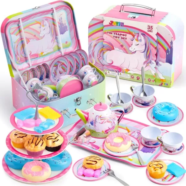 JOYIN 35Pcs Unicorn Tea Party Set for Little Girls Pretend Tin Teapot Set Princess Tea Time Play Kitchen Toy with Dessert Doughnut Carrying Case for Birthday Easter Gifts Kids Toddlers Age 3 4 5 6Unicorn Tin Teapot Set