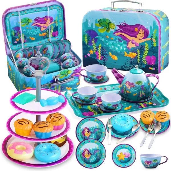 JOYIN 35Pcs Unicorn Tea Party Set for Little Girls Pretend Tin Teapot Set Princess Tea Time Play Kitchen Toy with Dessert Doughnut Carrying Case for Birthday Easter Gifts Kids Toddlers Age 3 4 5 6Mermaid Tin Teapot Set