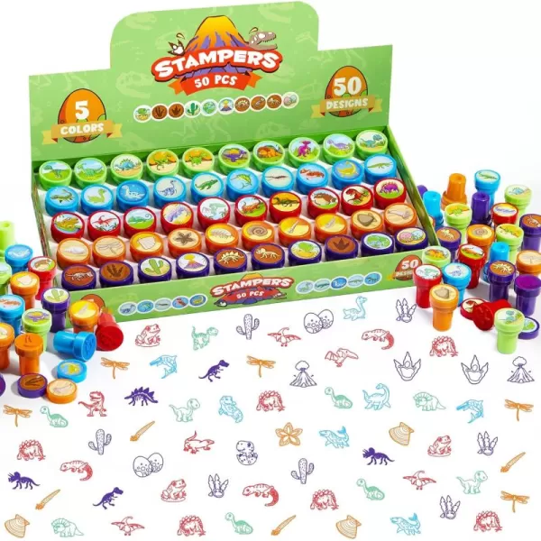 JOYIN 50 Pcs Assorted Stamps for Kids  SelfInk Stamps with 50 Designs for Birthday Party Favor Carnival Prizes School Stampers Goodie Bag Halloween Christmas Zoo Holiday StampersDinosaur