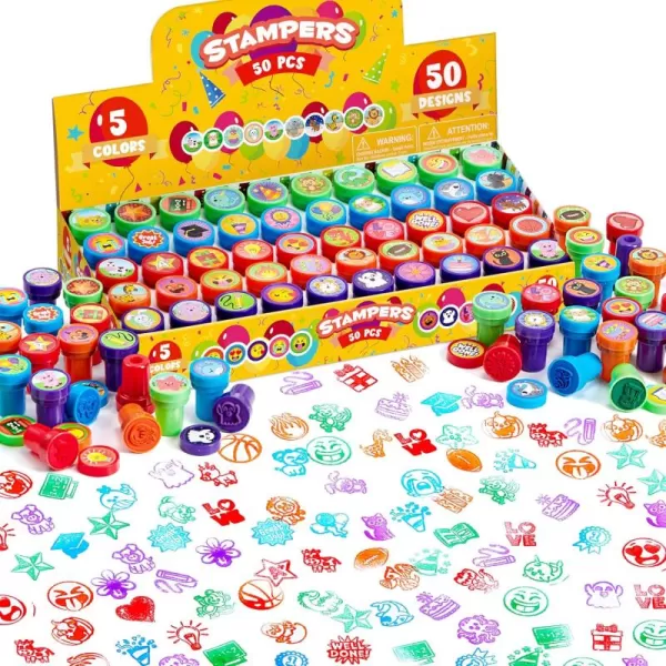 JOYIN 50 Pcs Assorted Stamps for Kids  SelfInk Stamps with 50 Designs for Birthday Party Favor Carnival Prizes School Stampers Goodie Bag Halloween Christmas Zoo Holiday StampersAssorted