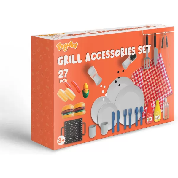 27 PCS Kids BBQ Grill Playset Backyard Barbecue Play Grill Toy Set for ToddlersPlay Food Sets for Kids Kitchen