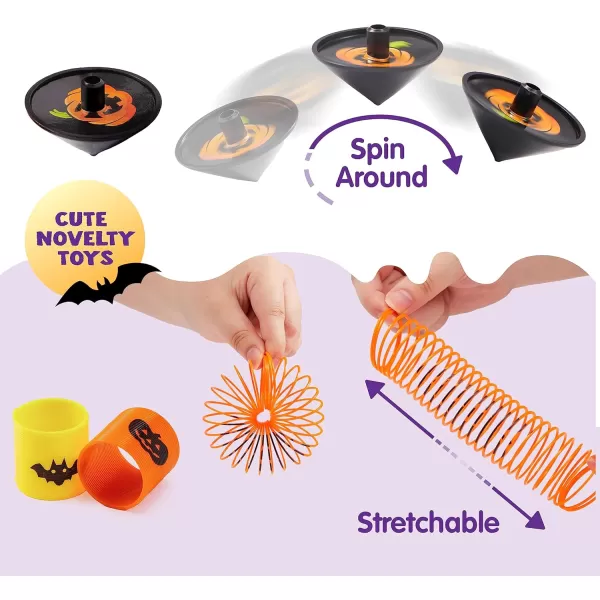JOYIN 144 Pcs Halloween Toy Gifts for Kids 24 Packs Prefilled Mini Pumpkin Buckets with Spider Rings Poppers Spring Vampire Teeth and Spinning Tops for Kids Halloween Party Favors Trick or Treat
