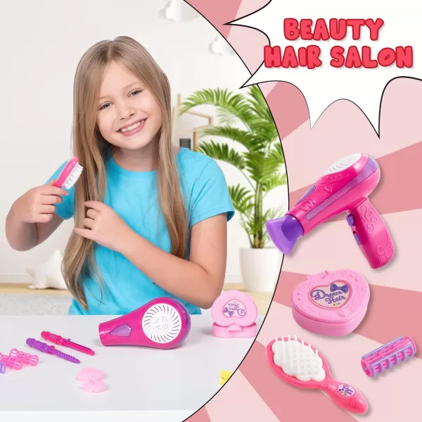 JOYIN 17Pcs Girls Beauty Salon Set Pretend Play Doll Hair Stylist Toy Kit with Hairdryer Mirror Curling Iron and Other Accessories for Kids Toddler Fashion Cutting Makeup Party Favor Birthday Gift