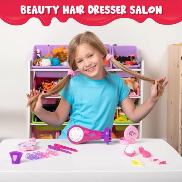 JOYIN 17Pcs Girls Beauty Salon Set Pretend Play Doll Hair Stylist Toy Kit with Hairdryer Mirror Curling Iron and Other Accessories for Kids Toddler Fashion Cutting Makeup Party Favor Birthday Gift