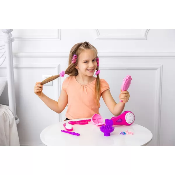 JOYIN 17Pcs Girls Beauty Salon Set Pretend Play Doll Hair Stylist Toy Kit with Hairdryer Mirror Curling Iron and Other Accessories for Kids Toddler Fashion Cutting Makeup Party Favor Birthday Gift