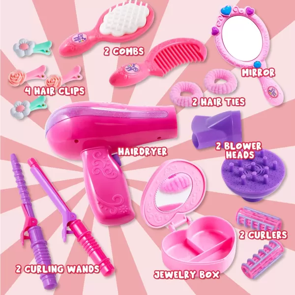 JOYIN 17Pcs Girls Beauty Salon Set Pretend Play Doll Hair Stylist Toy Kit with Hairdryer Mirror Curling Iron and Other Accessories for Kids Toddler Fashion Cutting Makeup Party Favor Birthday Gift