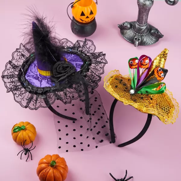 JOYIN 2 Pcs Halloween LED Headbands Light Up Witch Hat Headband Pumpkin Sequin Hat Headbands for Halloween Costume Dress up Party Supplies Halloween Party Favor Cosplay Halloween Accessories