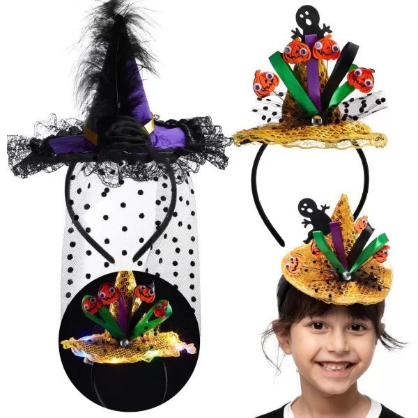 JOYIN 2 Pcs Halloween LED Headbands Light Up Witch Hat Headband Pumpkin Sequin Hat Headbands for Halloween Costume Dress up Party Supplies Halloween Party Favor Cosplay Halloween Accessories