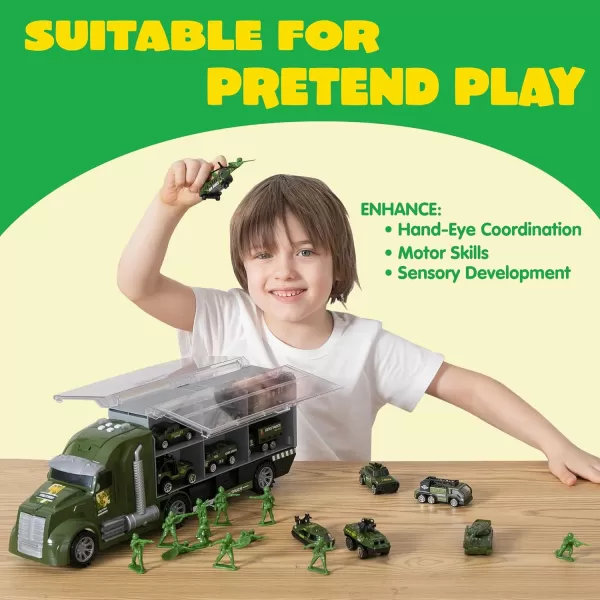 JOYIN 25 in 1 Green Military Big Truck Toys Army Men Tanks Set with Soldier Men Mini Battle Car Toy in Carrier Truck with Lights and Sounds Gifts for Toddler Kids Boys Ages 3Military Truck