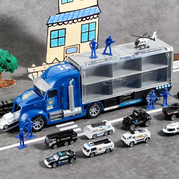JOYIN 25 in 1 Green Military Big Truck Toys Army Men Tanks Set with Soldier Men Mini Battle Car Toy in Carrier Truck with Lights and Sounds Gifts for Toddler Kids Boys Ages 3Police Truck