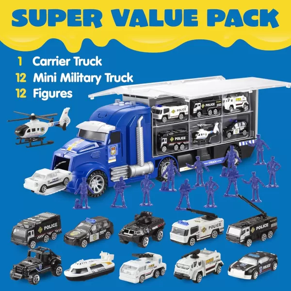 JOYIN 25 in 1 Green Military Big Truck Toys Army Men Tanks Set with Soldier Men Mini Battle Car Toy in Carrier Truck with Lights and Sounds Gifts for Toddler Kids Boys Ages 3Police Truck