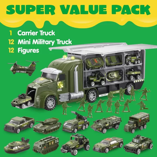JOYIN 25 in 1 Green Military Big Truck Toys Army Men Tanks Set with Soldier Men Mini Battle Car Toy in Carrier Truck with Lights and Sounds Gifts for Toddler Kids Boys Ages 3Military Truck