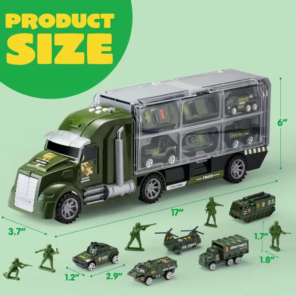 JOYIN 25 in 1 Green Military Big Truck Toys Army Men Tanks Set with Soldier Men Mini Battle Car Toy in Carrier Truck with Lights and Sounds Gifts for Toddler Kids Boys Ages 3Military Truck