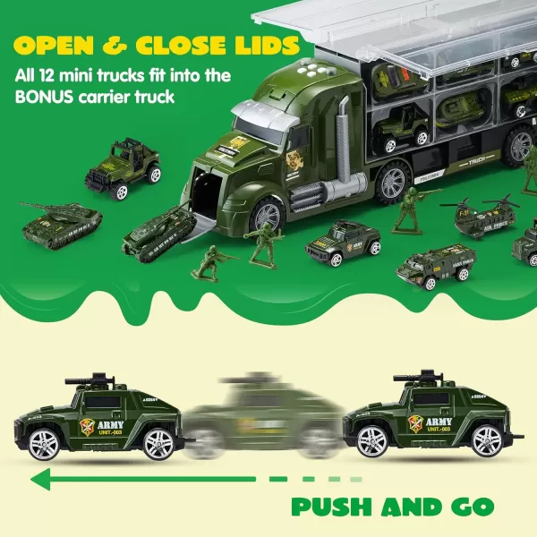JOYIN 25 in 1 Green Military Big Truck Toys Army Men Tanks Set with Soldier Men Mini Battle Car Toy in Carrier Truck with Lights and Sounds Gifts for Toddler Kids Boys Ages 3Military Truck