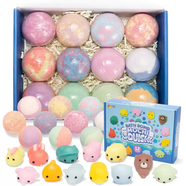 JOYIN Bath Bombs for Kids with Mochi Squishy Toy 12 Pack Bubble Bath Bombs with Surprise Toy Inside Natural Essential Oil SPA Bath Fizzies Set Party Favors for Boys Girls Birthday GiftsMochi Squishy Bath Bombs