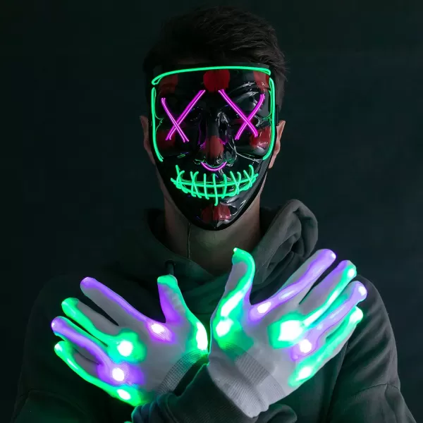 JOYIN Halloween Led Mask Light Up Scary Mask and Gloves for Cosplay Costume purple ampamp Green Glow in The Dark MaskMulti Greenpurple