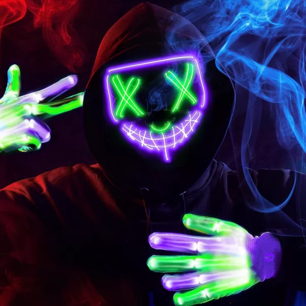 JOYIN Halloween Led Mask Light Up Scary Mask and Gloves for Cosplay Costume purple ampamp Green Glow in The Dark MaskMulti Greenpurple