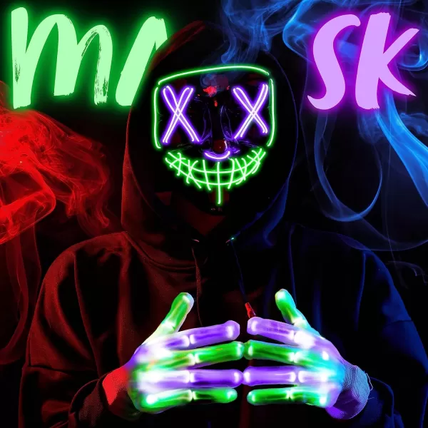 JOYIN Halloween Led Mask Light Up Scary Mask and Gloves for Cosplay Costume purple ampamp Green Glow in The Dark MaskMulti Greenpurple