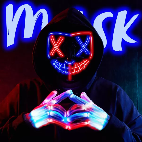 JOYIN Halloween Led Mask Light Up Scary Mask and Gloves for Cosplay Costume purple ampamp Green Glow in The Dark MaskMulti Redblue