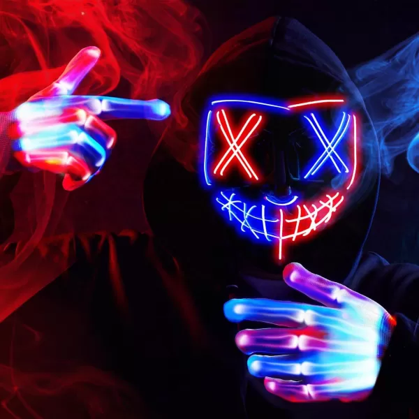 JOYIN Halloween Led Mask Light Up Scary Mask and Gloves for Cosplay Costume purple ampamp Green Glow in The Dark MaskMulti Redblue