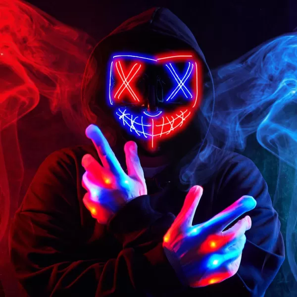 JOYIN Halloween Led Mask Light Up Scary Mask and Gloves for Cosplay Costume purple ampamp Green Glow in The Dark MaskMulti Redblue
