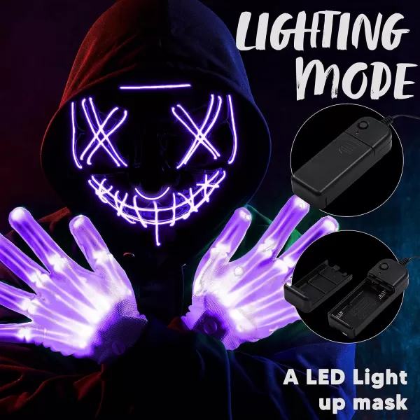 JOYIN Halloween Led Mask Light Up Scary Mask and Gloves for Cosplay Costume purple ampamp Green Glow in The Dark MaskPurple