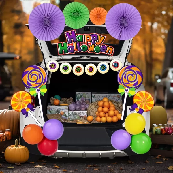 JOYIN Trunk Or Treat Car Decorations Kit for SUV Halloween Decorations Outdoor Decor Lollipops Candy Land Happy Halloween Balloons Car Stickers Door Archway Entryway Haunted House Banner Paper Fans