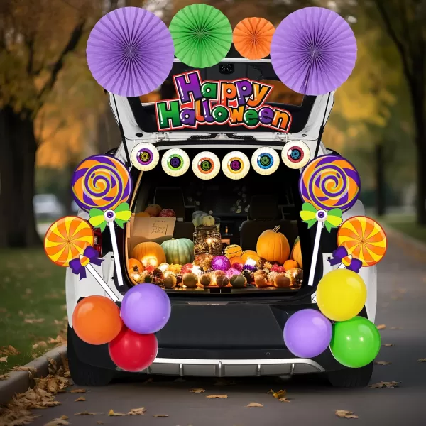 JOYIN Trunk Or Treat Car Decorations Kit for SUV Halloween Decorations Outdoor Decor Lollipops Candy Land Happy Halloween Balloons Car Stickers Door Archway Entryway Haunted House Banner Paper Fans